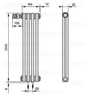 Схема (чертеж) Радиатор Zehnder Charleston 2250/4 №V007 Белый глянцевый RAL 9016
